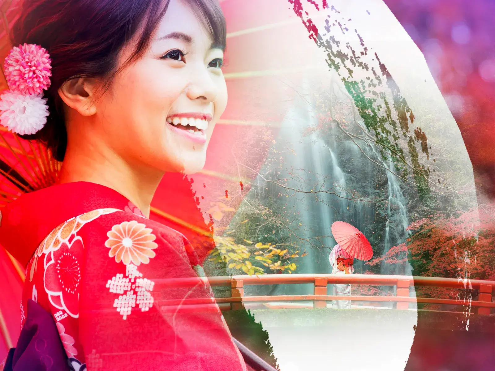 Fotomontage: Lächelnde Frau im Kimono und eine Szene am Nachi-Wasserfall mit der Pagode des Seiganto-Tempels im Herbst.