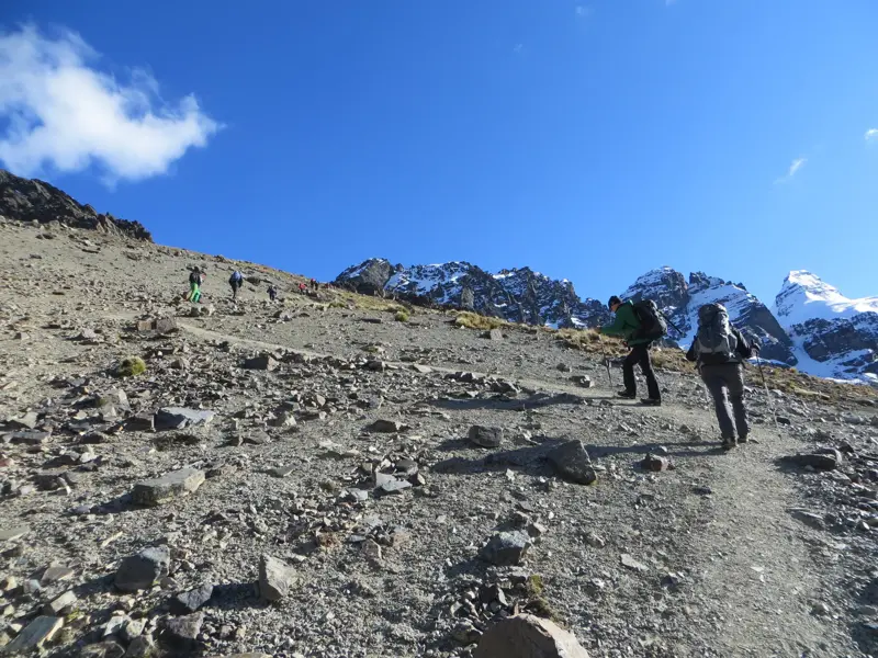 Eine Trekking-Gruppe steigt auf einem Geröllpfad im Condoriri Gebirge auf, im Hintergrund ragen schneebedeckte Andengipfel.