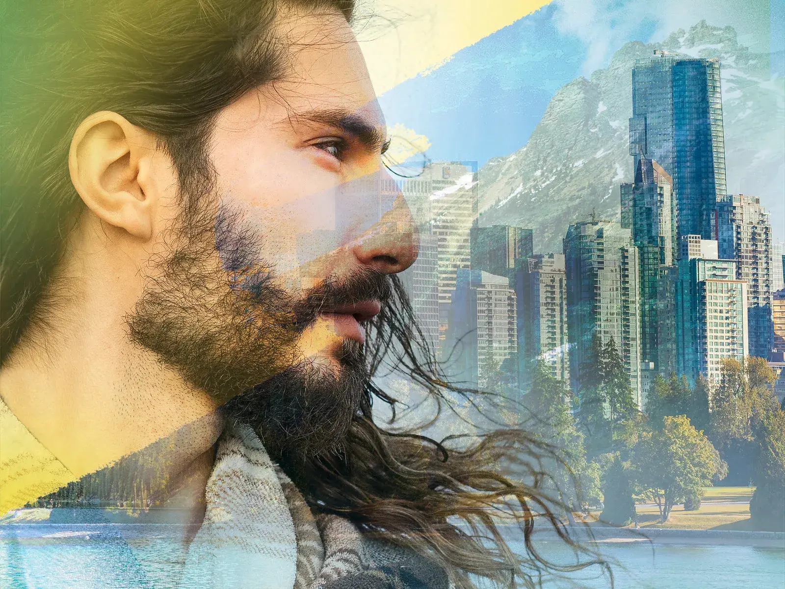 Nachdenkliches Porträt eines Mannes als Fotomontage mit der Skyline von Vancouver und der Bergwelt Westkanadas im Hintergrund.