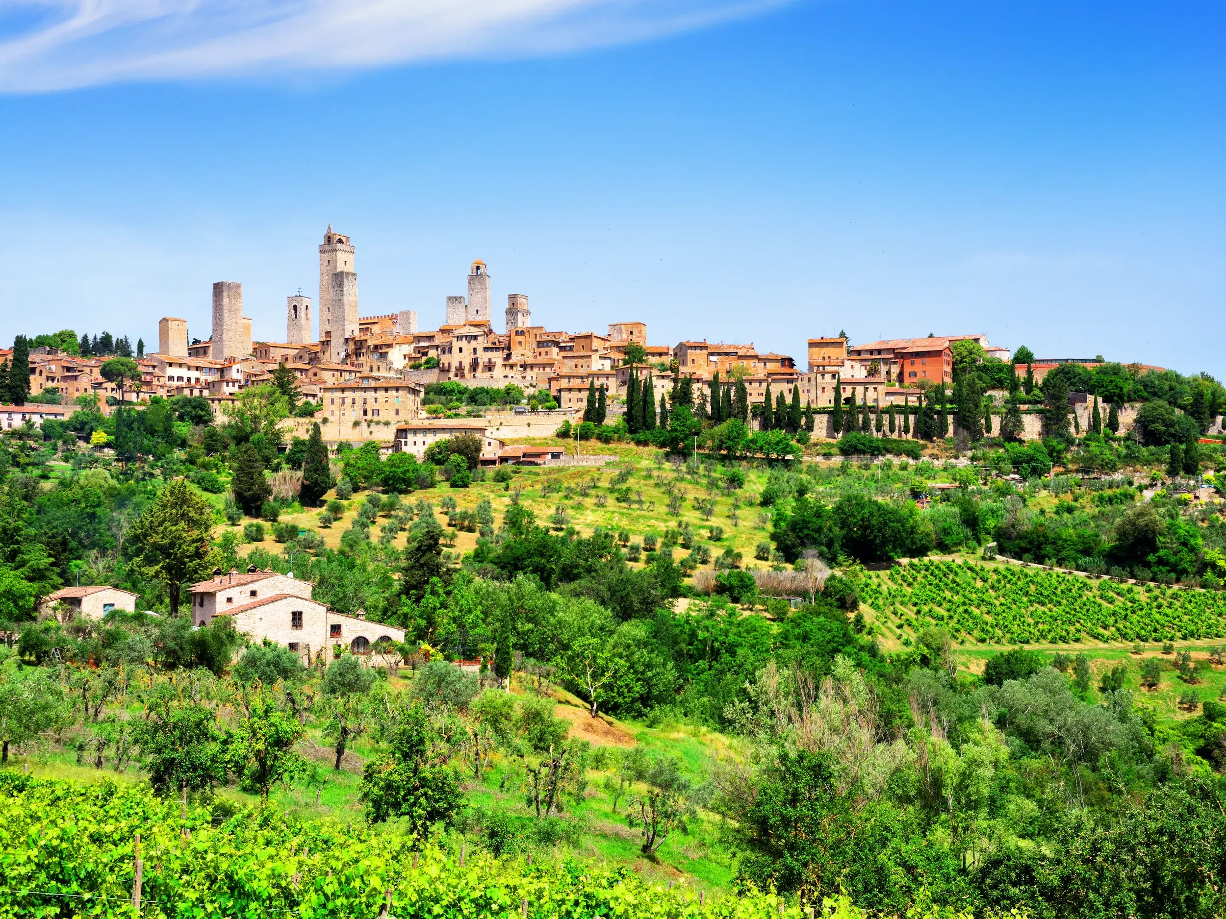 Die berühmten Geschlechtertürme von San Gimignano auf einer Studienreise durch die malerische Hügellandschaft der Toskana.