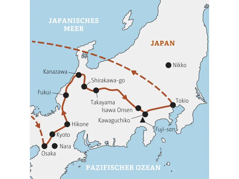 Karte der geführten Rundreise durch Japan von Osaka und Kyoto über die Japanischen Alpen, den Fuji-san bis nach Tokio.