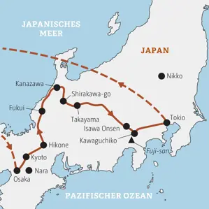 Karte der geführten Rundreise durch Japan von Osaka und Kyoto über die Japanischen Alpen, den Fuji-san bis nach Tokio.