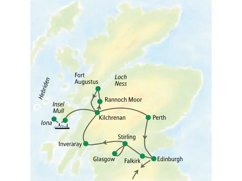 Karte der Studienreise in Schottland: Route von Edinburgh über Glasgow, die Hebriden, Loch Ness und Perth zurück.