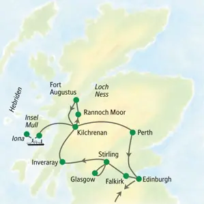 Karte der Studienreise in Schottland: Route von Edinburgh über Glasgow, die Hebriden, Loch Ness und Perth zurück.