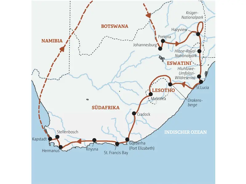 Karte der geführten Rundreise in kleiner Gruppe durch Südafrika, Eswatini und Lesotho von Johannesburg über den Krügerpark nach Kapstadt.