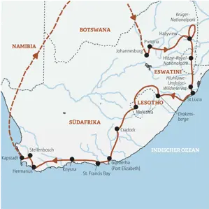 Karte der geführten Rundreise in kleiner Gruppe durch Südafrika, Eswatini und Lesotho von Johannesburg über den Krügerpark nach Kapstadt.