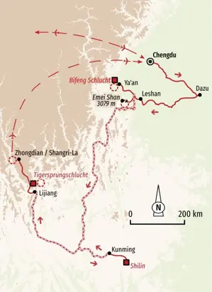 Karte der Wanderreise in Ost-Tibet von Chengdu über Emei Shan, Kunming, Lijiang und die Tigersprungschlucht nach Zhongdian.