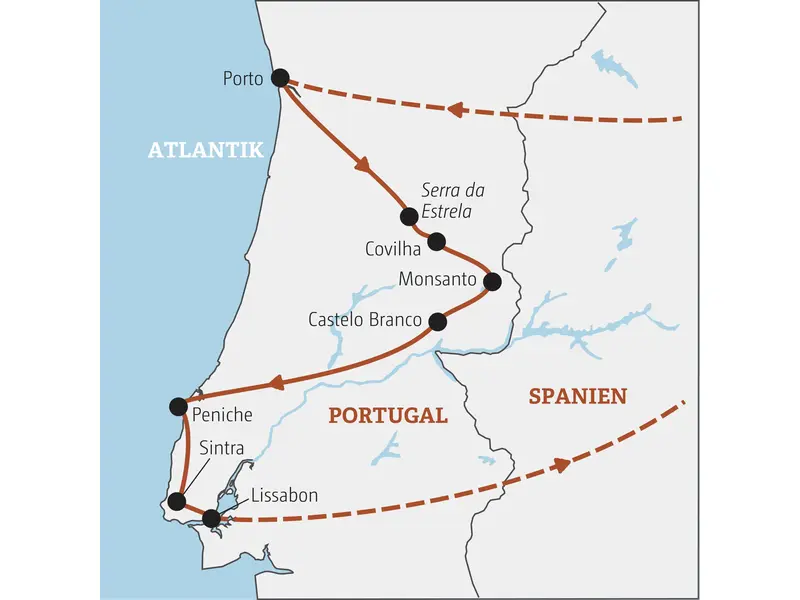 Karte der Marco Polo YOUNG LINE TRAVEL Rundreise in Portugal: Die Route startet in Porto und führt über Covilha und Peniche nach Lissabon.