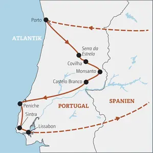 Karte der Marco Polo YOUNG LINE TRAVEL Rundreise in Portugal: Die Route startet in Porto und führt über Covilha und Peniche nach Lissabon.