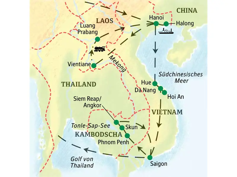 Karte der Studiosus Studienreise durch Indochina: Route durch Laos, Vietnam und Kambodscha von Vientiane über Hanoi bis Angkor.