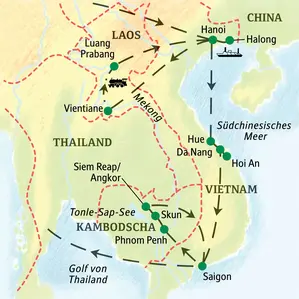 Karte der Studiosus Studienreise durch Indochina: Route durch Laos, Vietnam und Kambodscha von Vientiane über Hanoi bis Angkor.