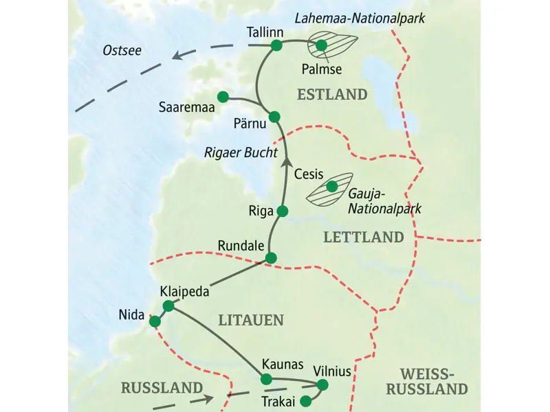 Karte der geführten Rundreise durchs Baltikum von Vilnius über Klaipeda und Riga mit Abstechern nach Saaremaa bis nach Tallinn.
