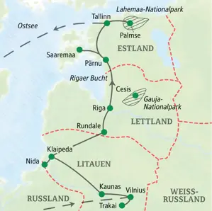 Karte der geführten Rundreise durchs Baltikum von Vilnius über Klaipeda und Riga mit Abstechern nach Saaremaa bis nach Tallinn.