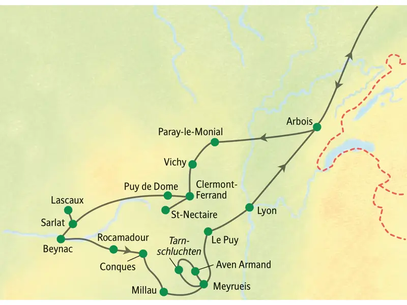 Routenkarte der Studiosus-Studienreise durch die Auvergne & das Périgord von Arbois über Sarlat und Rocamadour nach Lyon.