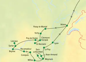 Routenkarte der Studiosus-Studienreise durch die Auvergne & das Périgord von Arbois über Sarlat und Rocamadour nach Lyon.