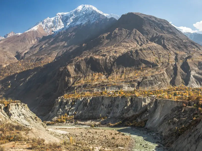 Majestätischer, schneebedeckter Rakaposhi-Gipfel über dem herbstlichen Hunzatal mit einem Flussbett in Nordpakistan.