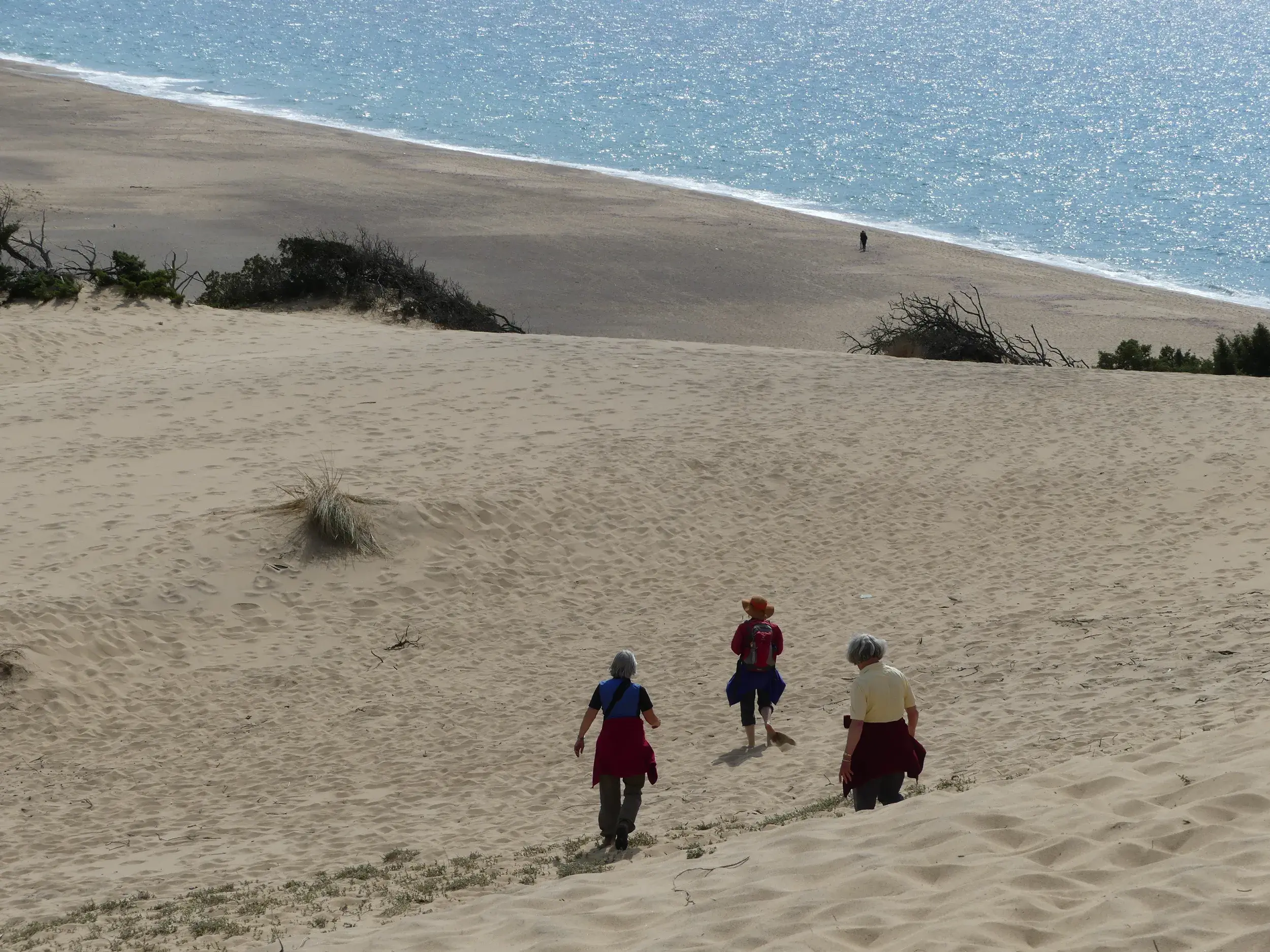 Eine kleine Wandergruppe steigt eine gigantische Sanddüne an der Costa Verde auf Sardinien hinab, im Hintergrund das Meer.