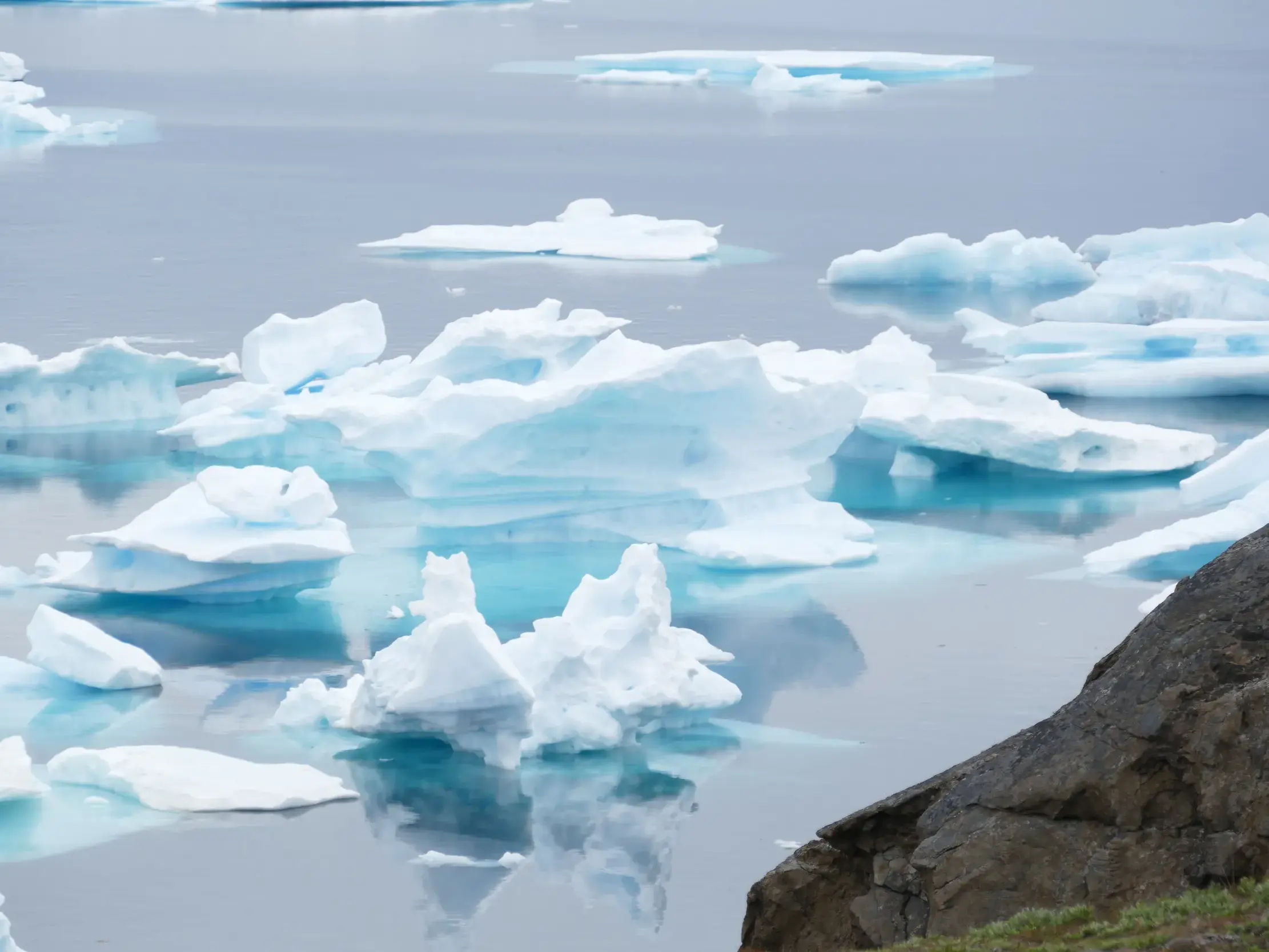 Unzählige Eisberge und Eisschollen treiben im Polarstrom nahe Tasiilaq während einer Wanderreise in Ostgrönland.