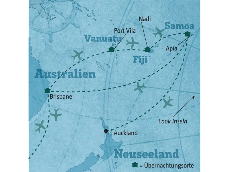 Reiseroute der Rundreise in die Südsee von Brisbane über Vanuatu (Port Vila), Fiji (Nadi) und Samoa (Apia).