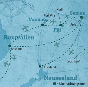 Reiseroute der Rundreise in die Südsee von Brisbane über Vanuatu (Port Vila), Fiji (Nadi) und Samoa (Apia).
