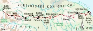 Karte der Trekkingreise in Yorkshire von Kirkby Stephen über die Yorkshire Dales und North York Moors bis nach Robin Hood's Bay.