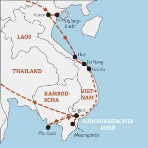 Karte unserer Marco Polo YOUNG LINE TRAVEL Gruppenreise für junge Leute in Vietnam: von Hanoi über die Halongbucht, Hue, Hoi An und Saigon bis nach Phu Quoc.