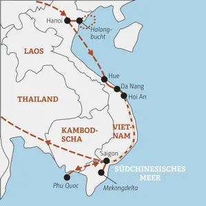 Karte unserer Marco Polo YOUNG LINE TRAVEL Gruppenreise für junge Leute in Vietnam: von Hanoi über die Halongbucht, Hue, Hoi An und Saigon bis nach Phu Quoc.