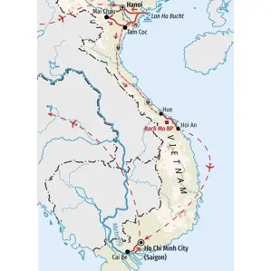Karte der Hauser Wanderreise in Vietnam. Die Route führt von Hanoi über Mai Chau, Hue und Hoi An bis nach Saigon ins Mekongdelta.