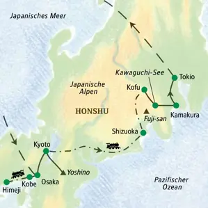Karte unserer Japan Studienreise: Reiseroute von Himeji und Kobe über Kyoto und den Berg Fuji-san nach Tokio.