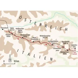 Karte der Hüttenwanderung auf dem Karnischen Höhenweg entlang der Grenze von Österreich und Italien von Hütte zu Hütte in den Alpen.