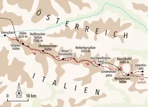 Karte der Hüttenwanderung auf dem Karnischen Höhenweg entlang der Grenze von Österreich und Italien von Hütte zu Hütte in den Alpen.