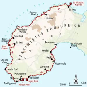 Karte der Trekkingreise in Cornwall. Die Wanderroute führt von St. Ives entlang der Küste über Land's End nach Penzance.