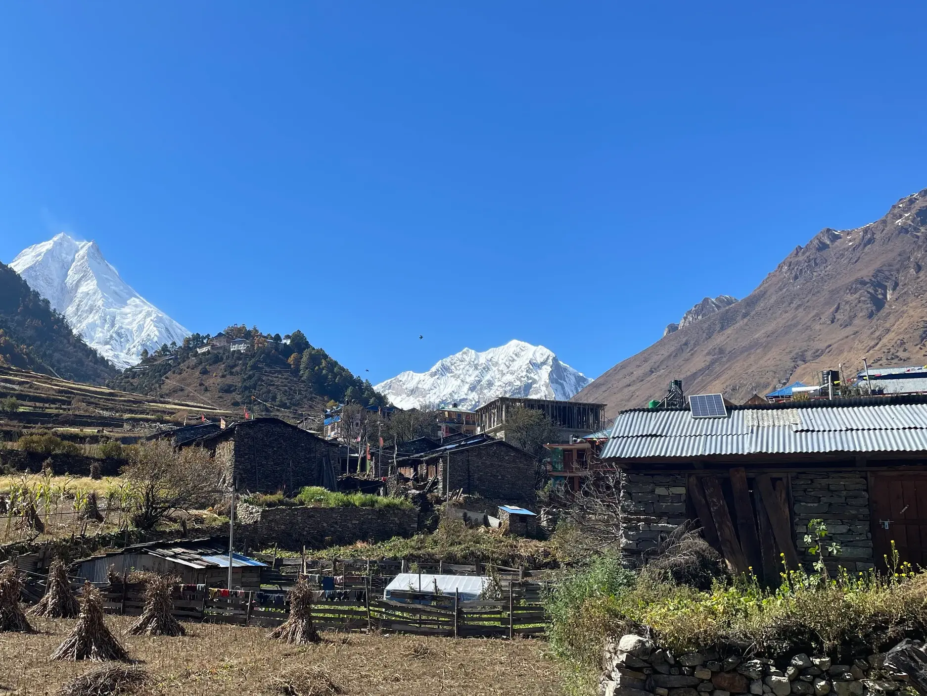 Traditionelles Bergdorf in Nepal mit Terrassenfeldern und dem majestätischen, schneebedeckten Manaslu-Gipfel im Hintergrund.