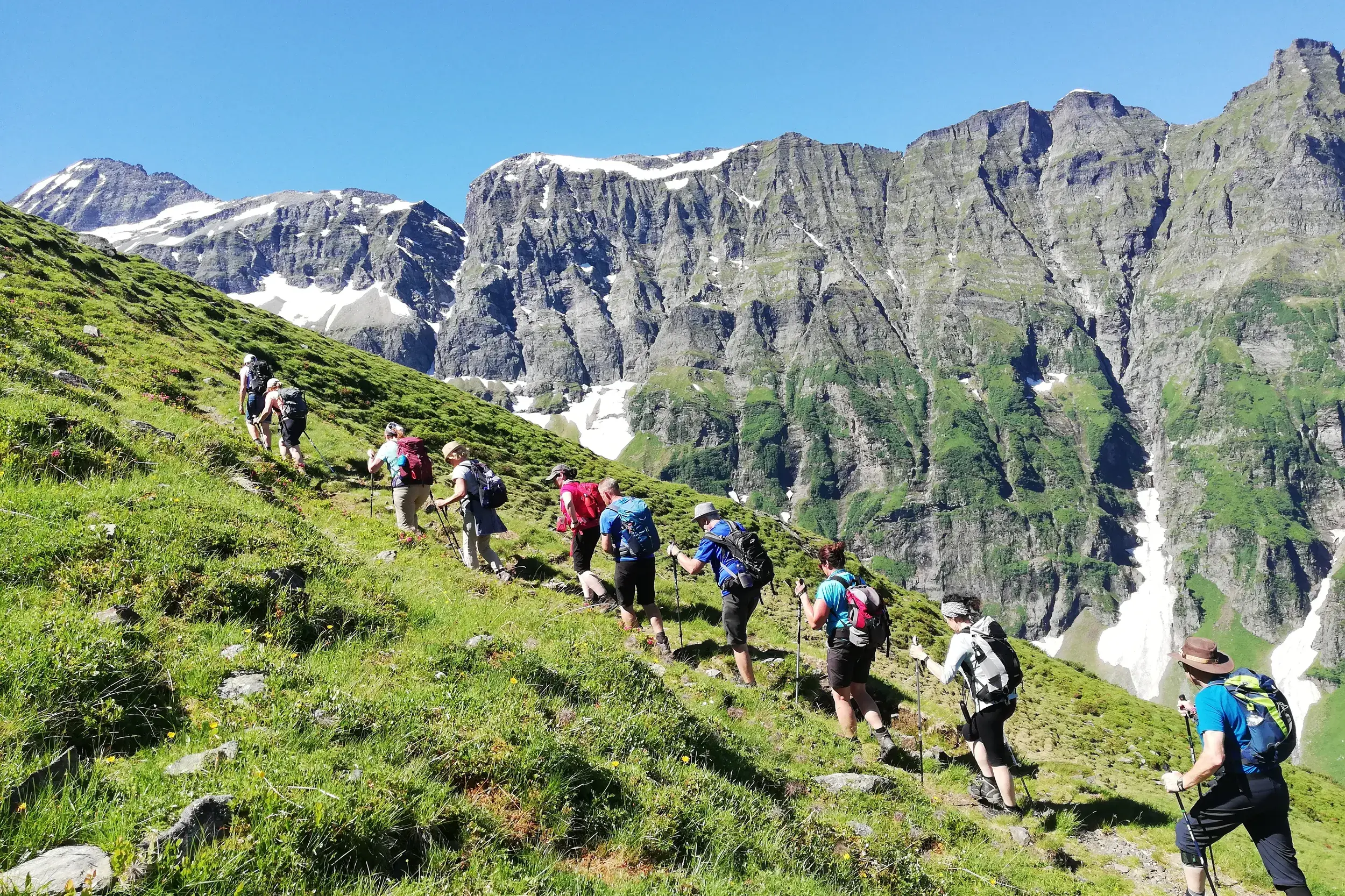 Eine Wandergruppe mit Rucksäcken beim Anstieg auf einer grünen Almwiese im Nationalpark Hohe Tauern vor hohen Felsgipfeln.