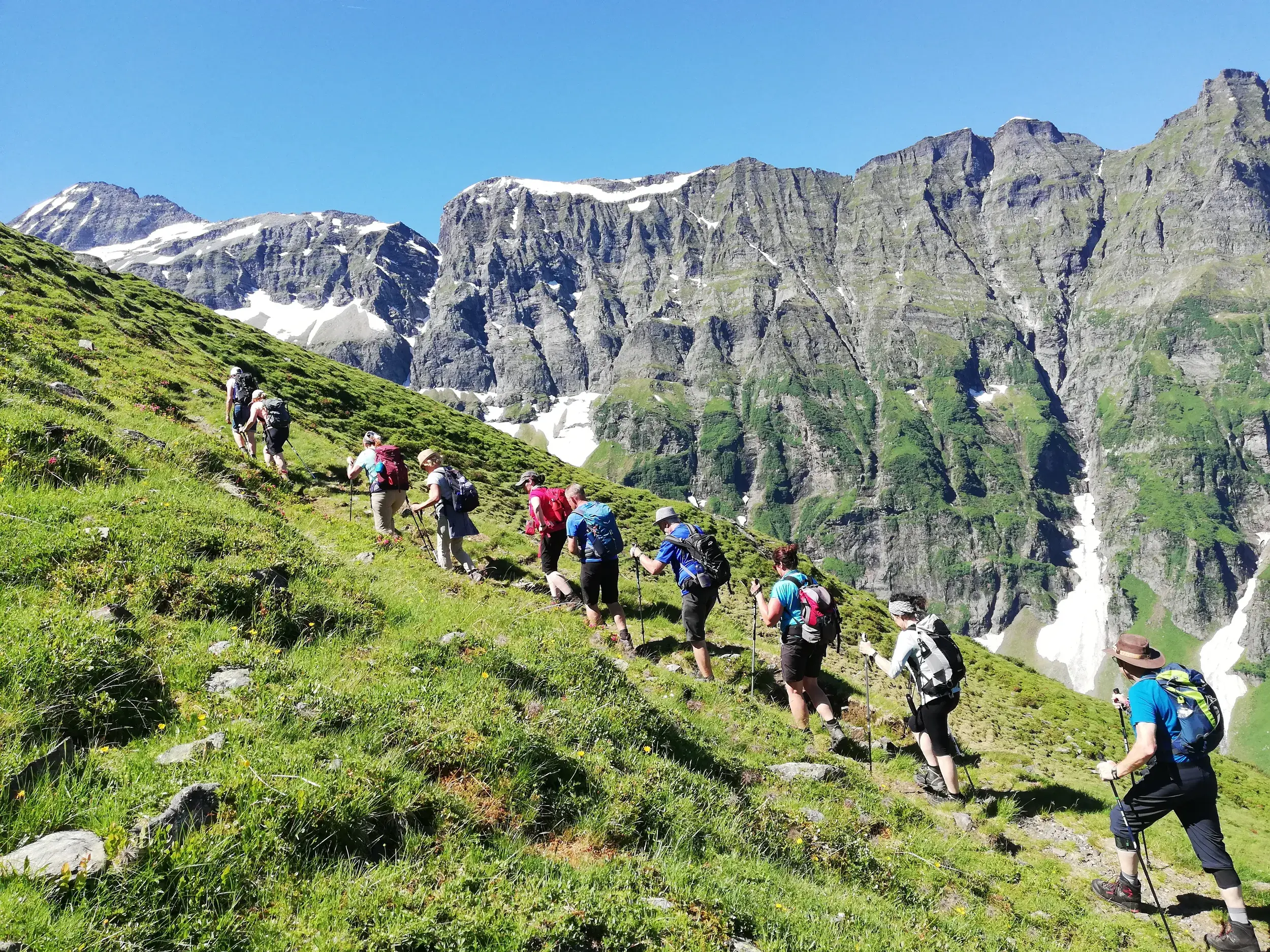 Eine Wandergruppe mit Rucksäcken beim Anstieg auf einer grünen Almwiese im Nationalpark Hohe Tauern vor hohen Felsgipfeln.