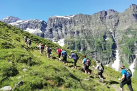 Eine Wandergruppe mit Rucksäcken beim Anstieg auf einer grünen Almwiese im Nationalpark Hohe Tauern vor hohen Felsgipfeln.
