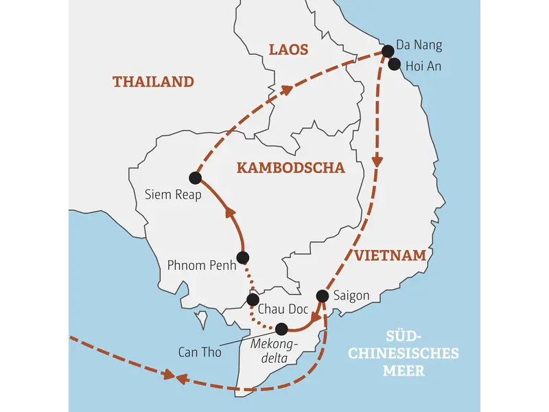 Karte der Marco Polo YOUNG LINE TRAVEL Rundreise durch Vietnam und Kambodscha von Saigon über Phnom Penh und Angkor nach Hoi An.