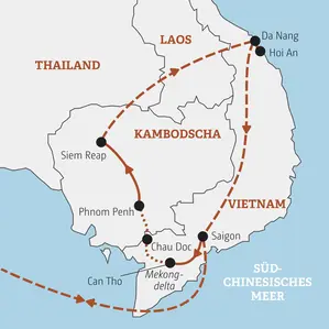 Karte der Marco Polo YOUNG LINE TRAVEL Rundreise durch Vietnam und Kambodscha von Saigon über Phnom Penh und Angkor nach Hoi An.