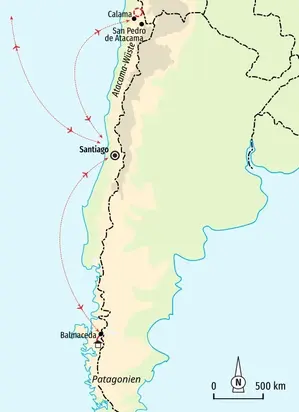Karte der Trekkingreise durch Chile: Von der Atacama-Wüste bei Calama über Santiago bis in die einsame Bergwelt Patagoniens.