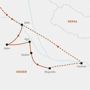 Karte der Marco Polo Rundreise Nordindien. Die Route führt von Delhi über Jaipur, Agra, Gwalior und Khajuraho bis nach Varanasi.