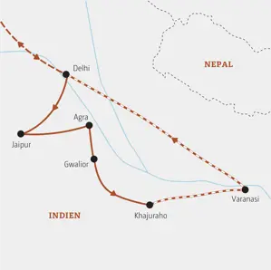 Karte der Marco Polo Rundreise Nordindien. Die Route führt von Delhi über Jaipur, Agra, Gwalior und Khajuraho bis nach Varanasi.