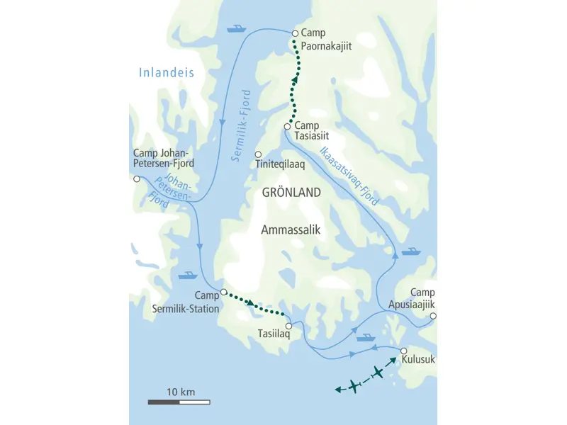 Karte der Trekkingreise in Ostgrönland: Route von Kulusuk via Tasiilaq, den Sermilik-Fjord und den Johan-Petersen-Fjord.