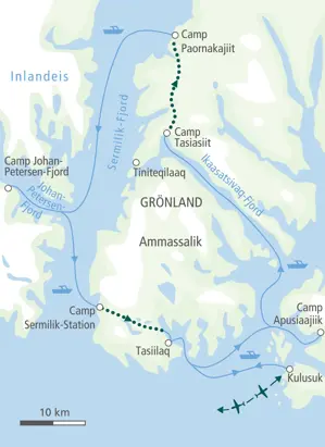 Karte der Trekkingreise in Ostgrönland: Route von Kulusuk via Tasiilaq, den Sermilik-Fjord und den Johan-Petersen-Fjord.