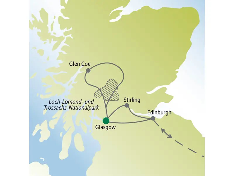 Karte der Silvester-Studienreise durch Schottland. Die Route führt von Glasgow über Stirling und Edinburgh bis nach Glen Coe.