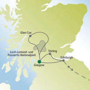 Karte der Silvester-Studienreise durch Schottland. Die Route führt von Glasgow über Stirling und Edinburgh bis nach Glen Coe.