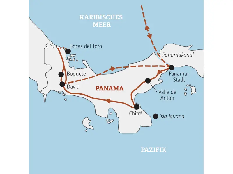 Karte der Marco Polo YOUNG LINE TRAVEL Gruppenreise in Panama von Panama-Stadt über Chitré, Boquete und bis zum Karibiktraum Bocas del Toro.