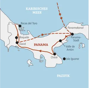 Karte der Marco Polo YOUNG LINE TRAVEL Gruppenreise in Panama von Panama-Stadt über Chitré, Boquete und bis zum Karibiktraum Bocas del Toro.