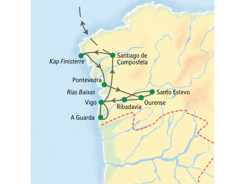 Route der Studiosus-Studienreise in Galicien, die von Santiago de Compostela über Pontevedra, Ourense und Vigo führt.