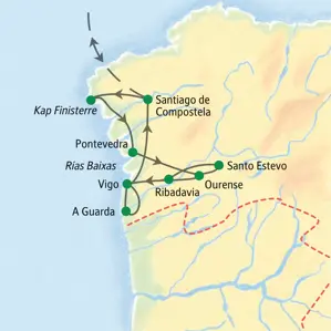 Route der Studiosus-Studienreise in Galicien, die von Santiago de Compostela über Pontevedra, Ourense und Vigo führt.