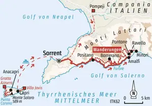Karte der Wanderreise an der Amalfiküste: Route von Sorrent über Positano und Amalfi mit Ausflügen nach Capri und Pompeji.